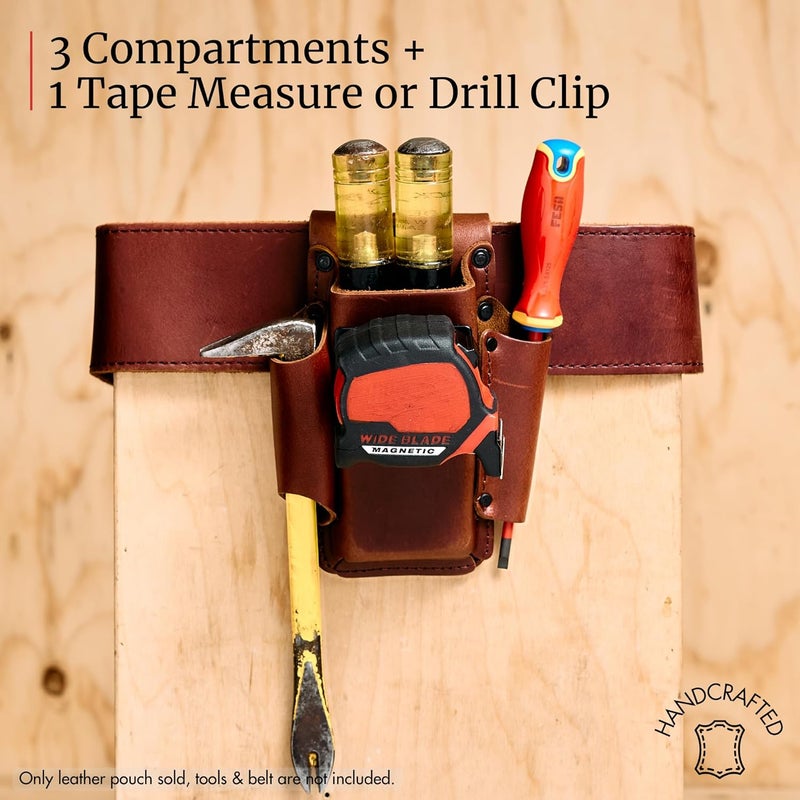 fesa Small Leather Tool Pouch - 4-in-1 Heavy Top Grain Leather Small Tool Pouch with a Tape Measure Holder, 3 Pockets & Reinforced Heavy Duty Rivets - Fits Belts up to 3" - Handcrafted - Image 3